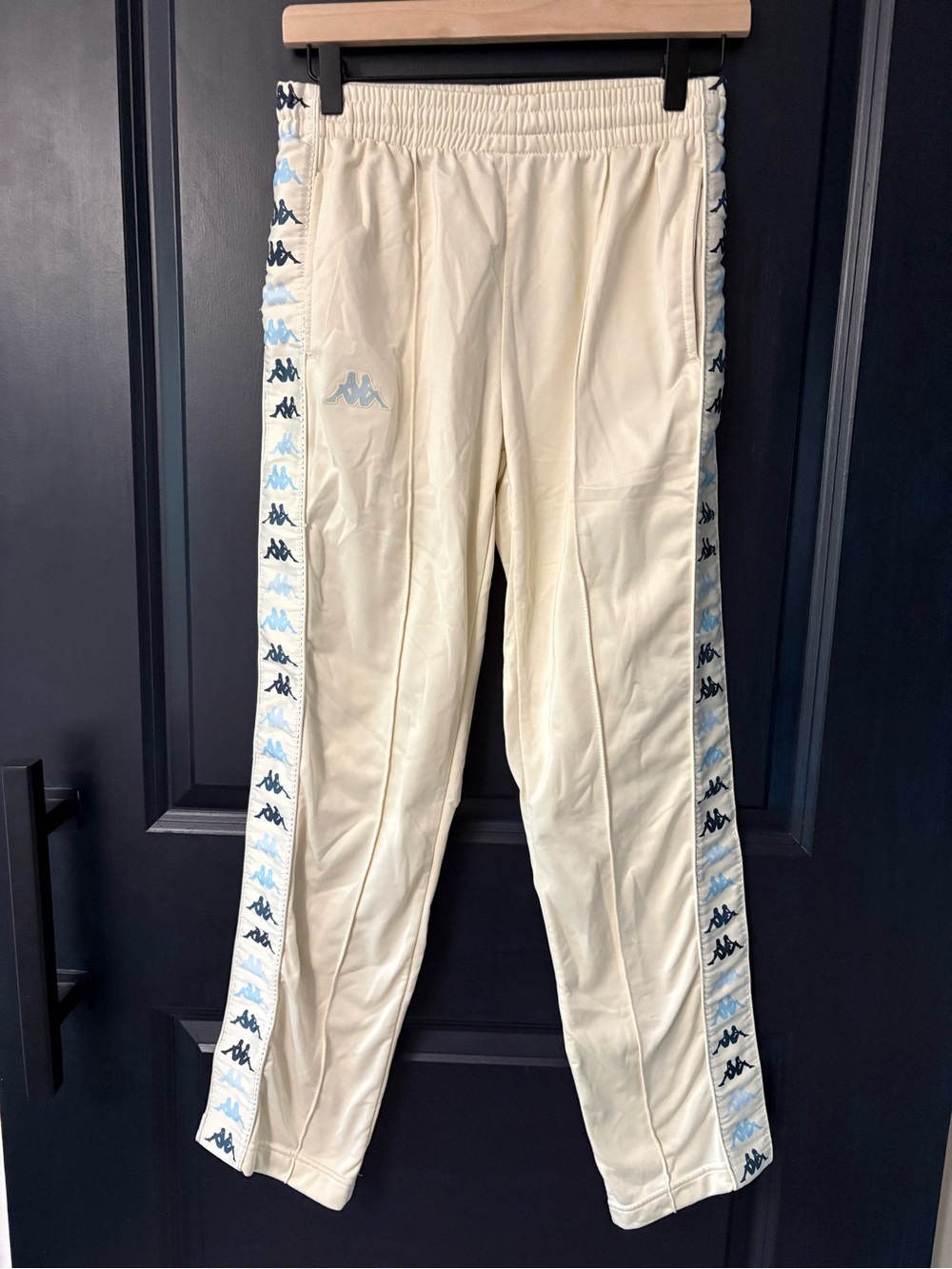 Y2K Kappa Men’s Small Banda Omini Logo Track Pants Cream Blue Side Tape